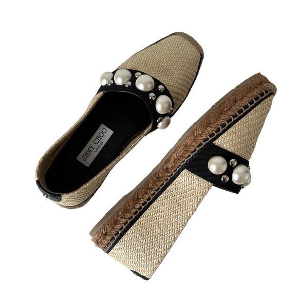 Jimmy Choo Dru Espadrilles Raffia Flats with Pearls in Natural/Black Size 37 - Picture 5 of 16